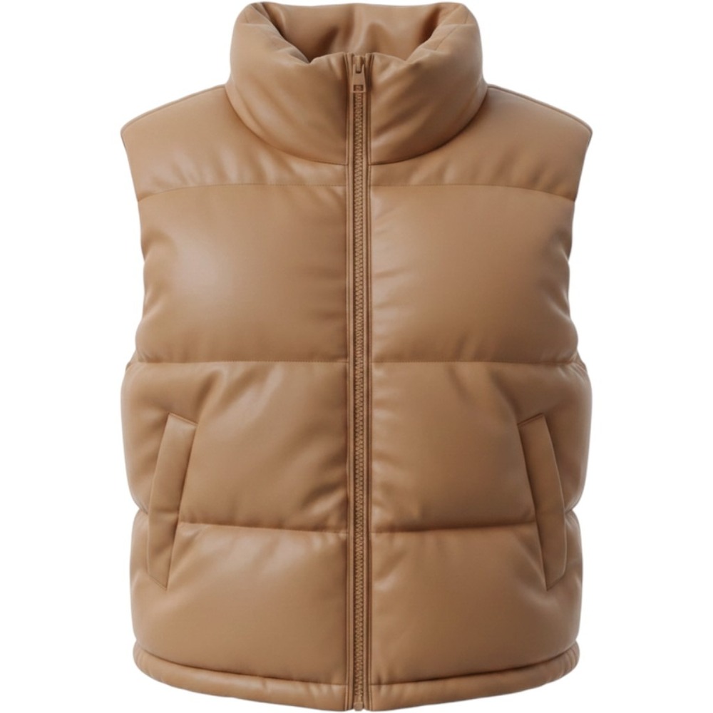 Bagatelle Collection Tan Faux Leather Puffer Vest Small Camel Quilted Zip Up